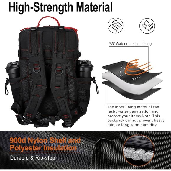 45L Tactical Backpack Molle Bag Black & Red Water-Resistant Heavy-Duty Nylon Lar - Picture 2 of 6